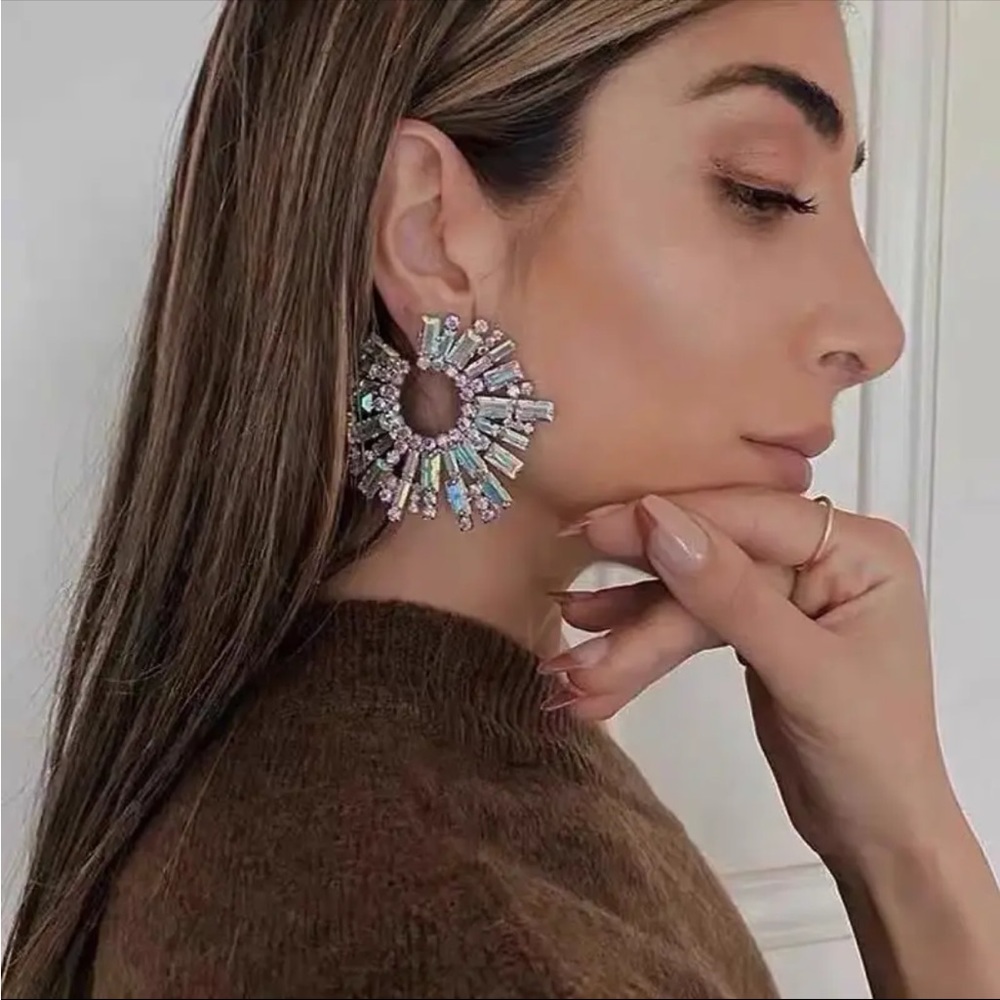 Green Rhinestone Statement Earrings - Picture 4 of 7